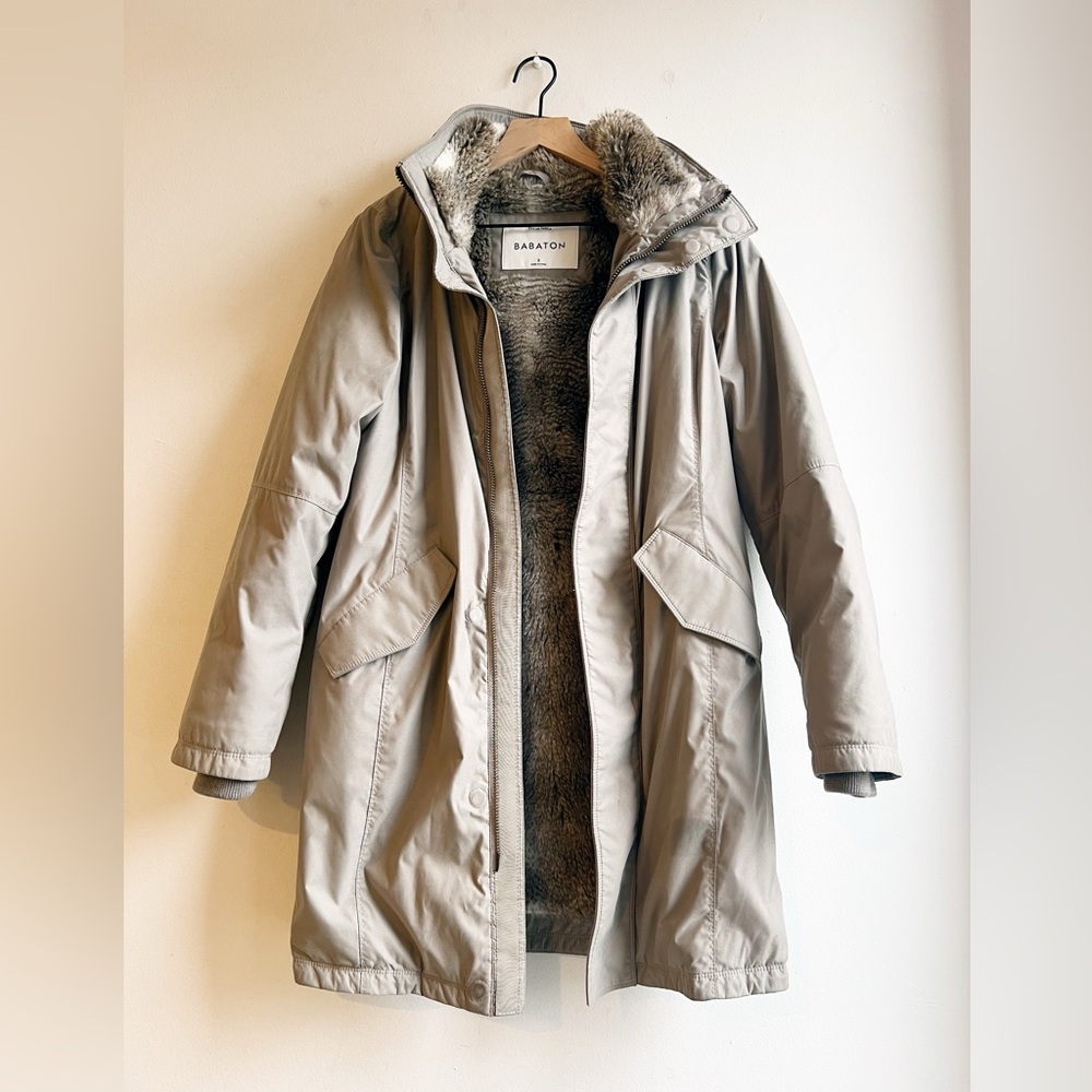 Aritzia Babaton Oskar Down Parka Faux Fur Lined Sz S Modern Taupe Winter Coat‎
